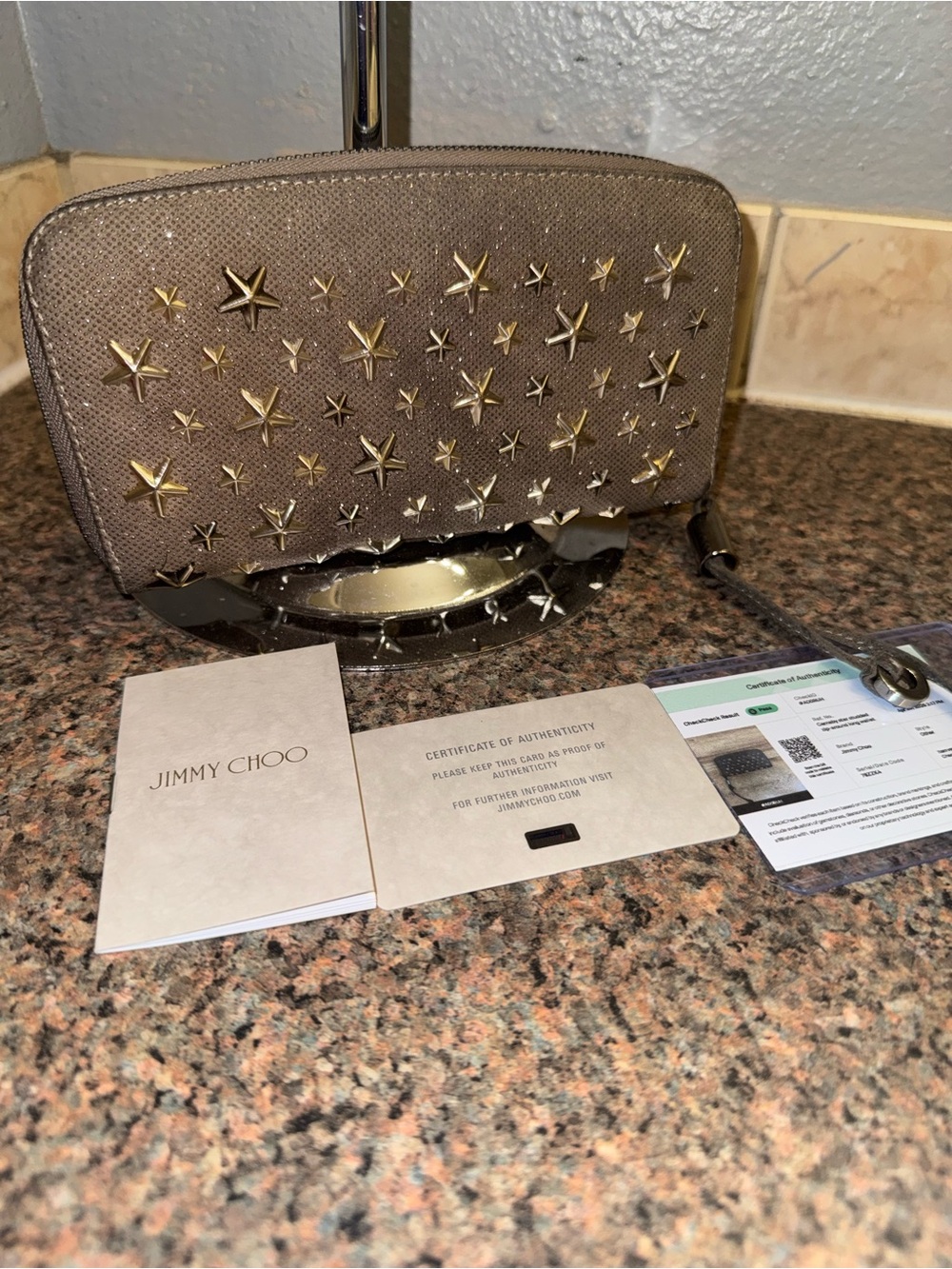 Jimmy Choo Metallic Taupe Star- studded glitter Zip wallet with COA’s